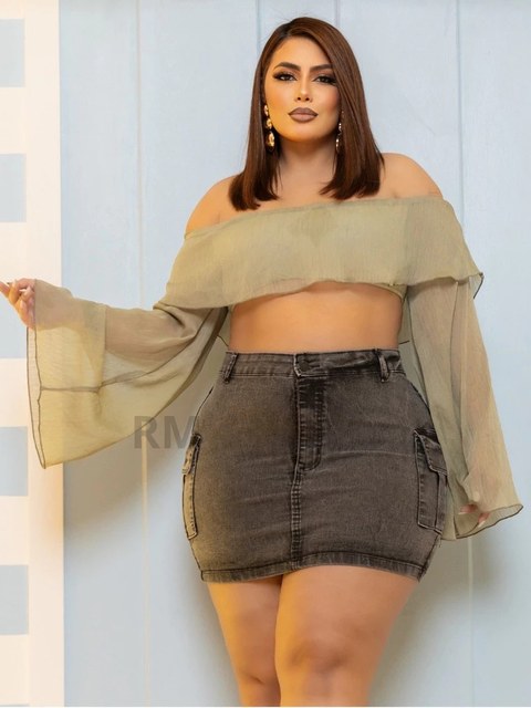 Saia Jeans Cargo  Plus Size Bolso Lateral Com Lycra