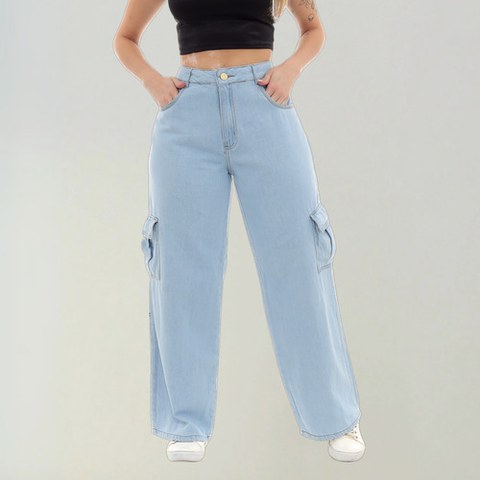 Calça Wid Leg Cargo Azul Claro Jeans Feminina Bolso Na Late
