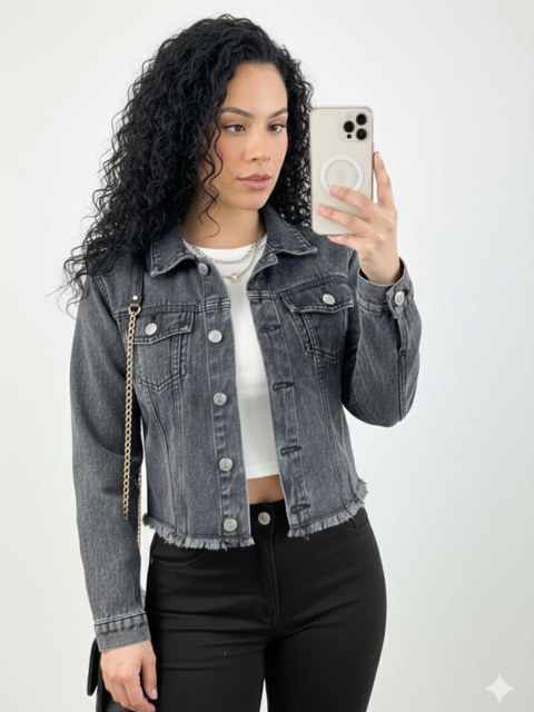 Jaqueta Jeans Feminina Manga Longa Desfiada