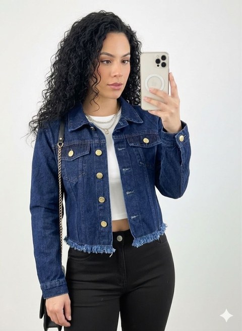 Jaqueta Jeans Azul escura Feminina Manga Longa Desfiada