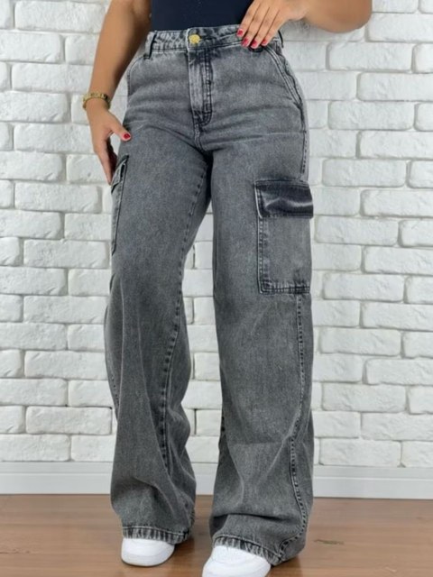 Calça Wid Leg Cargo Jeans Feminina Bolso Na Lateral