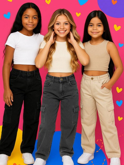 Calça Wid Leg Cargo Juvenil Infantil Jeans Feminina Menina