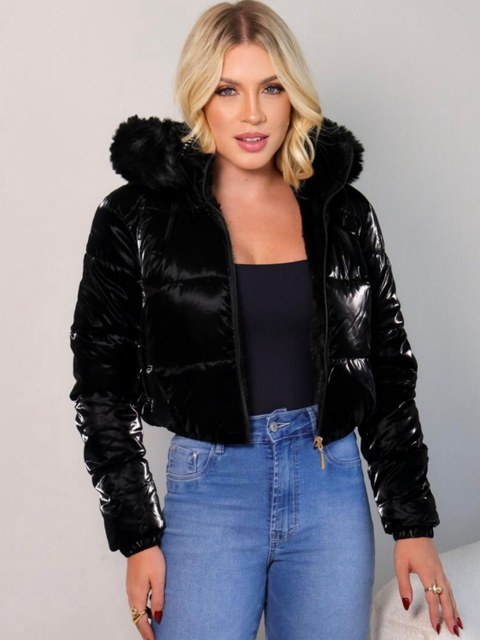 Jaqueta puffer dupla face metalizada capuz removível