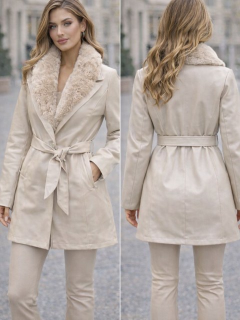 Casaco parka de couro peluciado por dentro com cinto