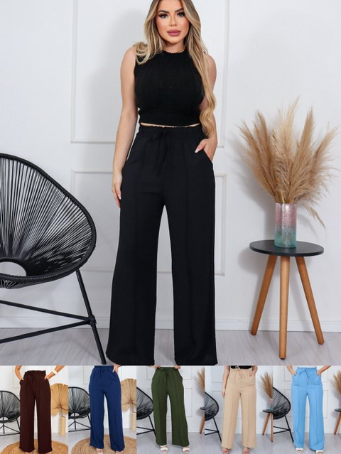 MONNEI Calça Pantalona Duna Cintura Elástico com Bolsos