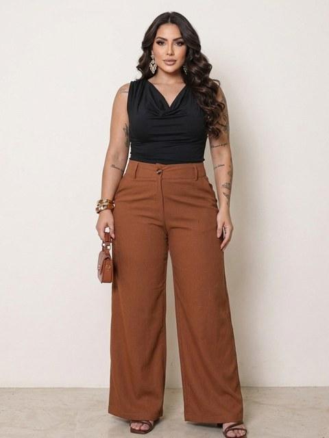 (Calça Longa Linho Plus Size Feminina ) **
