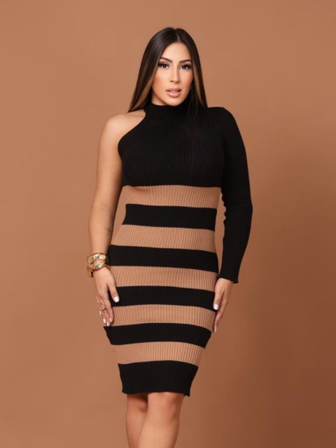 Vestido Midi Tricot Modal Mula Manca Listrado Canelado
