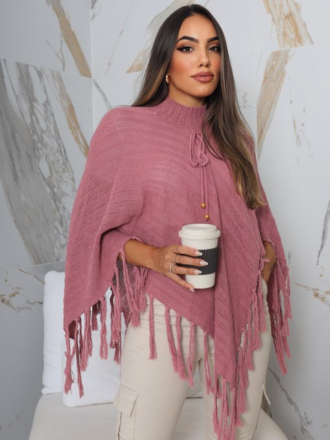 Poncho Tricot Franja Cacharrel Moda Feminina Elegante