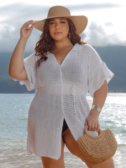 Saída de Praia Tricot Plus Size Feminino Gola V Ajustável