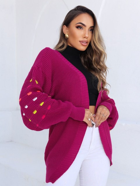 Cardigan Tricot Manga Bufante Pom Pom Colorido Moda Feminina