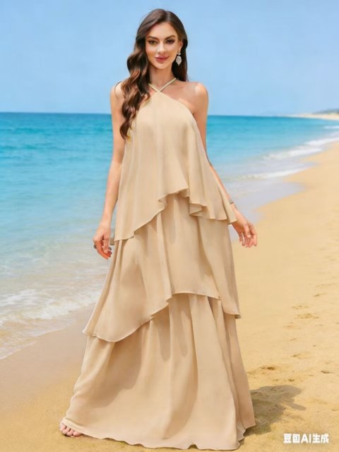 Vestido Longo Camadas de Gaze com Alcinha Fina