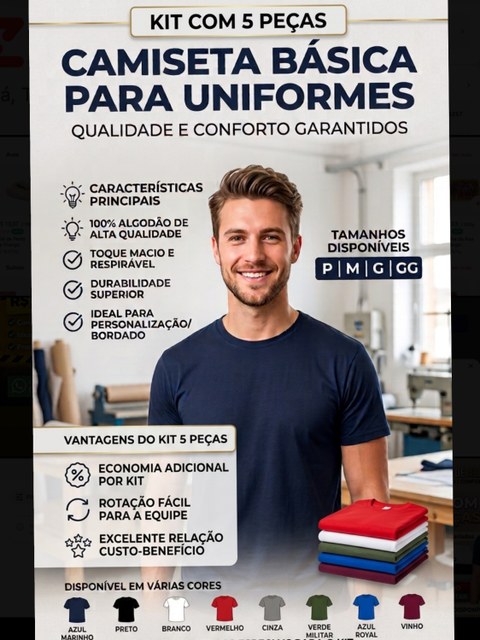Kit com 5 camisetas baiscas 100% algodão