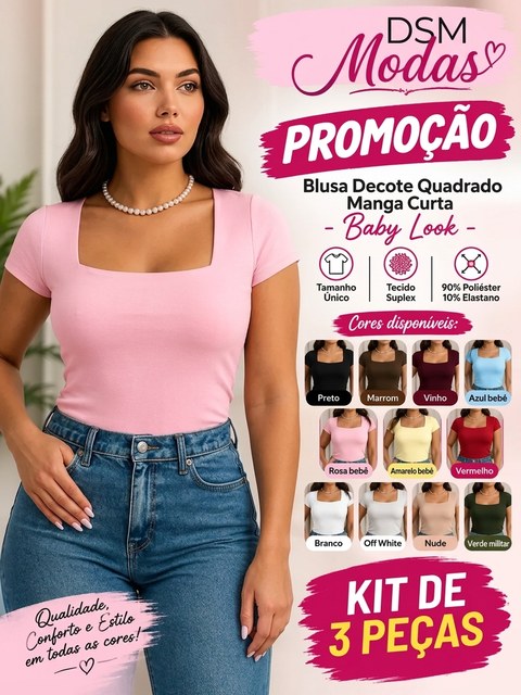 Blusa Decote Quadrado Manga Curta KIT 4 UN