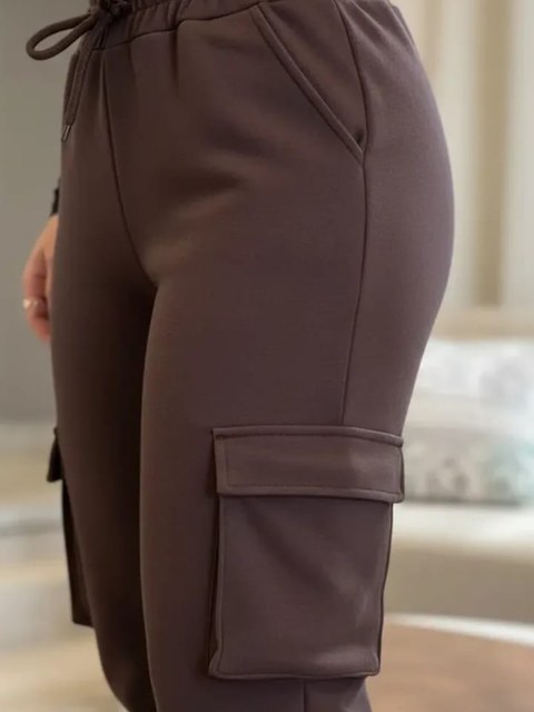 Calça  Moletom Flanelado Bolso Cargo  Cintura Alta