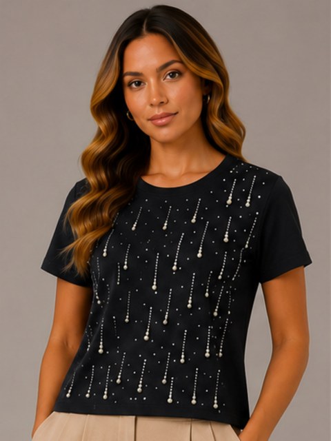 T-Shirt Pérolas Bordada Premium Feminina #250