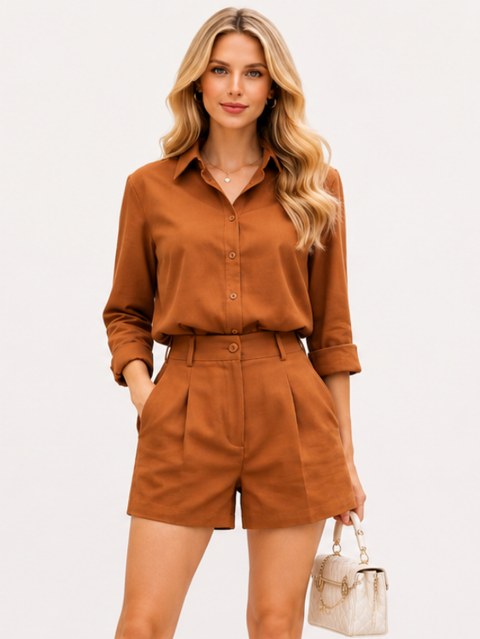 Conjunto Camisa Manga Longa Shorts Alfaiataria