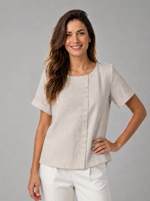 Blusa Linho Gola Redonda Manga Dobrada 9 Botões