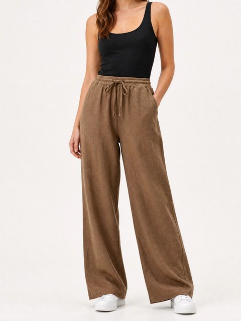 Calça Feminina Wide Leg em Linho Cintura Elástico e Cordão