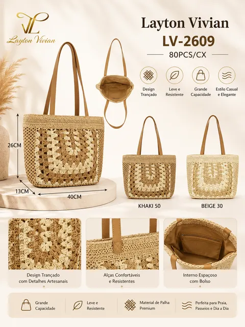 Bolsa de Palha Feminina (LV2609)Crochê Praia Casual Verão