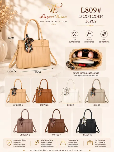 Bolsa Feminina (L809)Tote Ombro Elegante Grande Alça