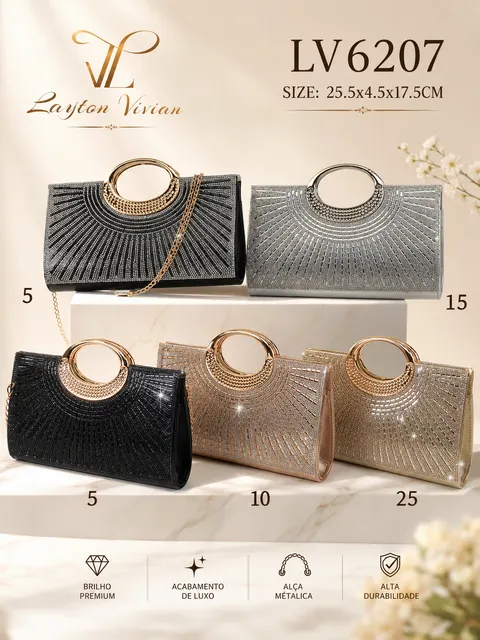 Bolsa Clutch Festa (LV6207)Feminina Strass Alça MetalPremium