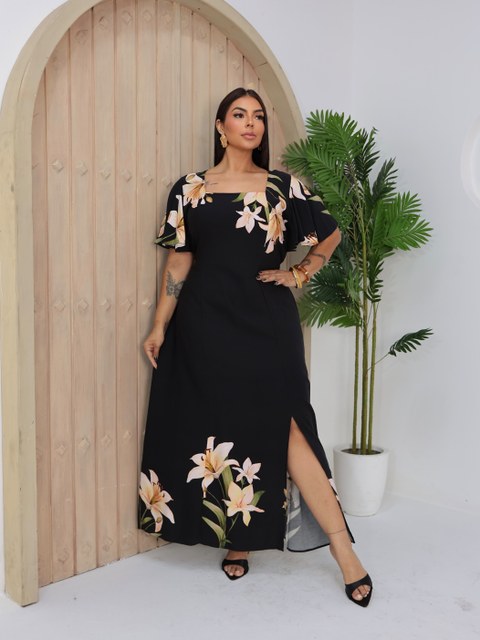 Vestido Manga Babado Longo