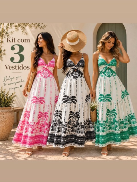 Kit 3 Peças Vestido Longo Modelo Estampado