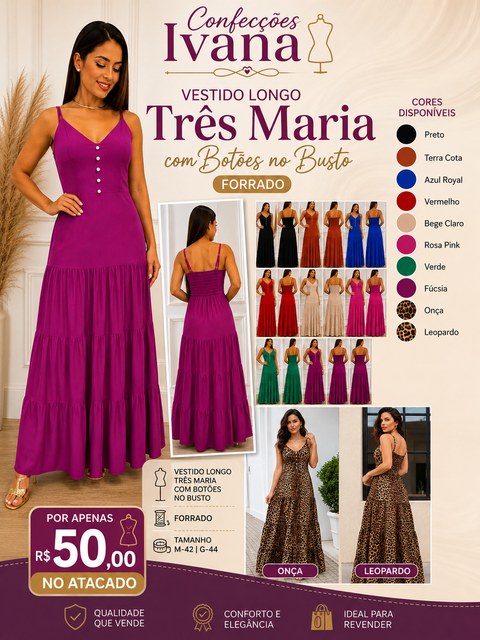 Vestido Longo Três Maria com Botões no Busto