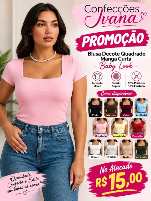 Blusa Decote Quadrado Manga Curta - Baby Look