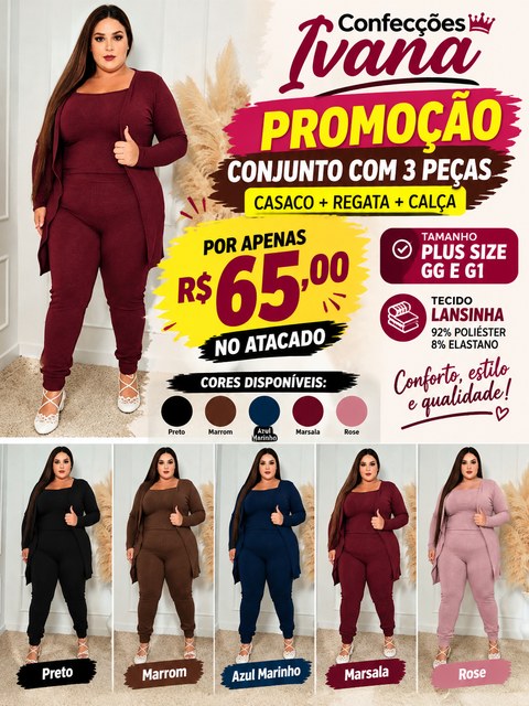 Conjunto Com Três Peças Plus Size Tecido Lansinha