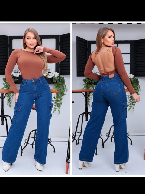 Calça Jeans Wide leg Cargo