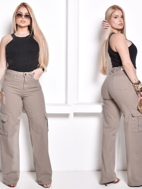 Calça Jeans Wide leg Cargo sem lycra