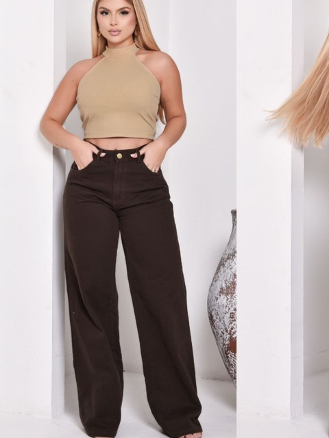 Calça Feminina wide leg Marrom e Bege