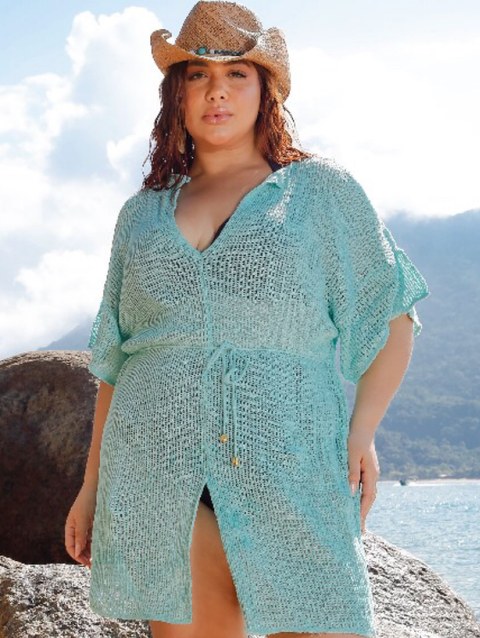 Saída Praia Tricot Plus Size Feminino Fechada Gola Ajustável