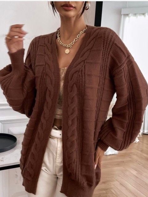 Cardigan Tricot Trança Manga Bufante Moda Feminina