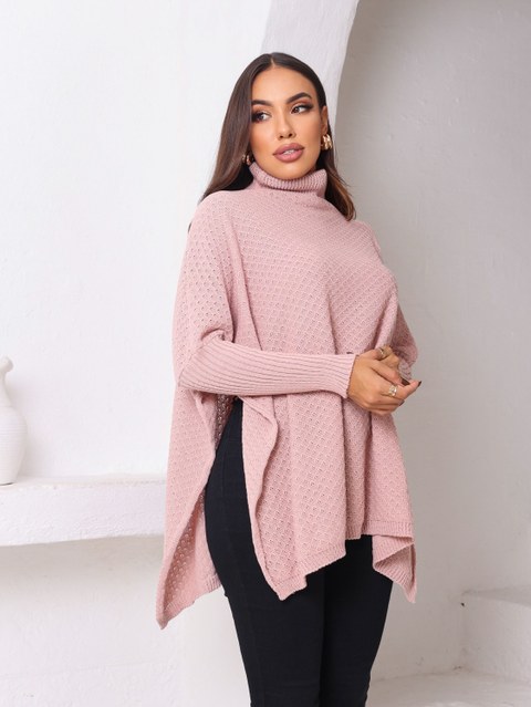 Poncho Tricot Gola Cacharrel Manga Longa Fenda Inverno