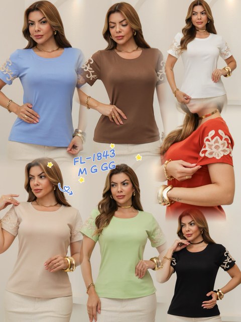 Blusa de algodão canelado com bordado importado 1843