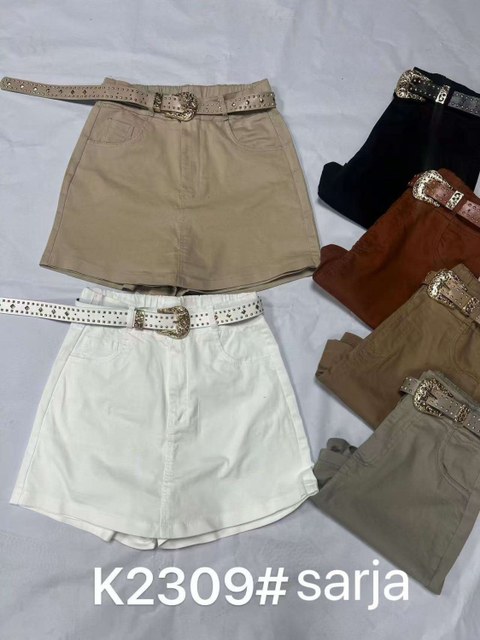 Short saia de sarja com elastano com cinto promoção 2309