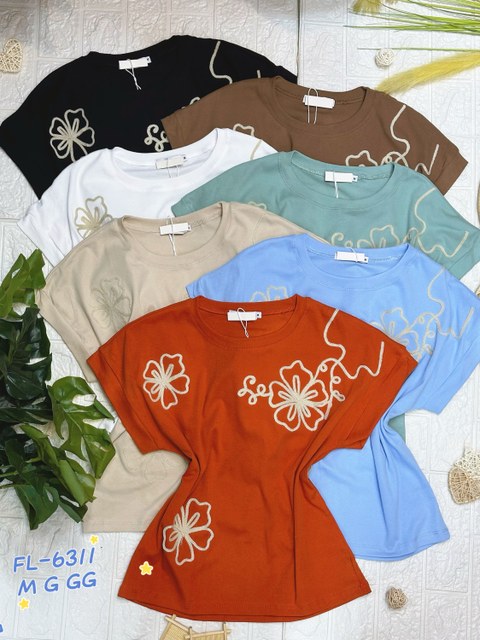 Blusa de algodão canelado com bordado importado 6311