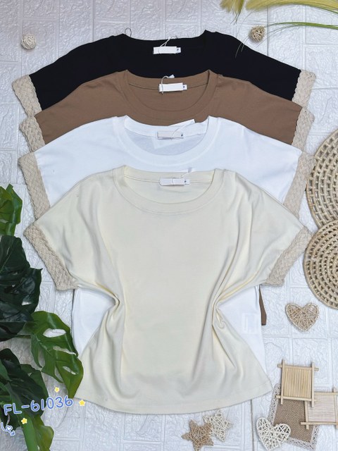 Blusa algodão canelado manga bordado importado 61036