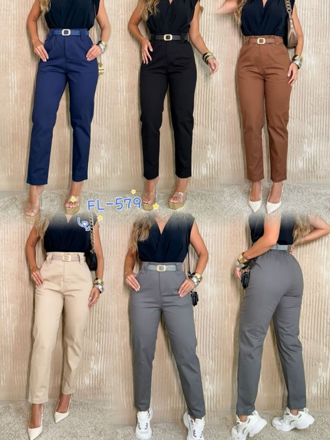 Calça sarja com elastano com cinto Flora 579
