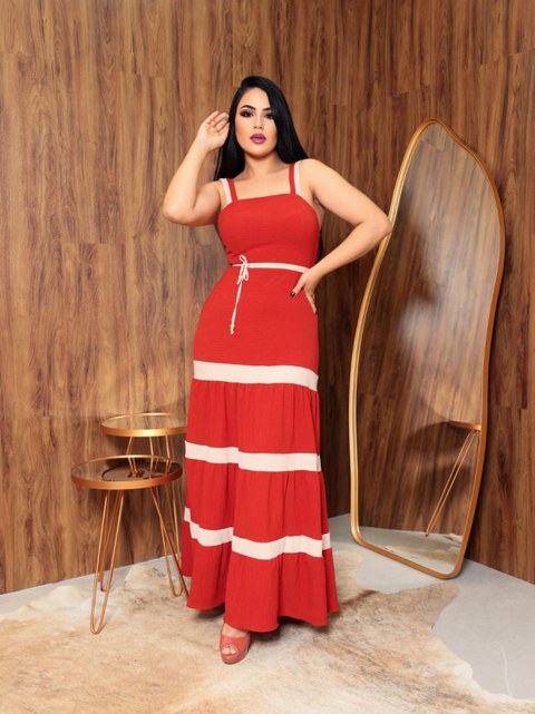 Vestido longo de duna com cinto promoção  03