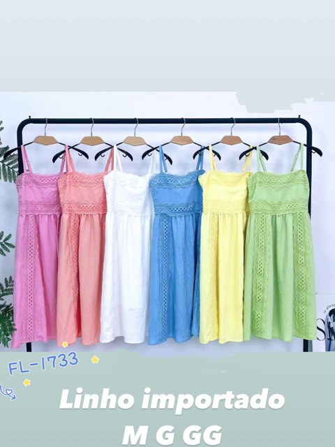 Vestido curto de linho forrado importado Flora 1733