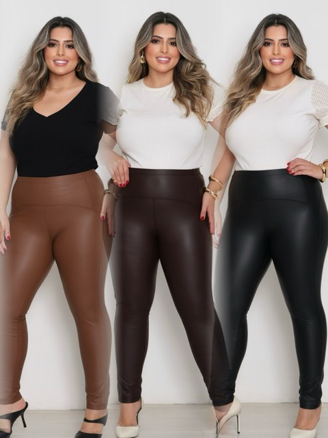 Plus Size calça legging de couro fake flanelada 1954