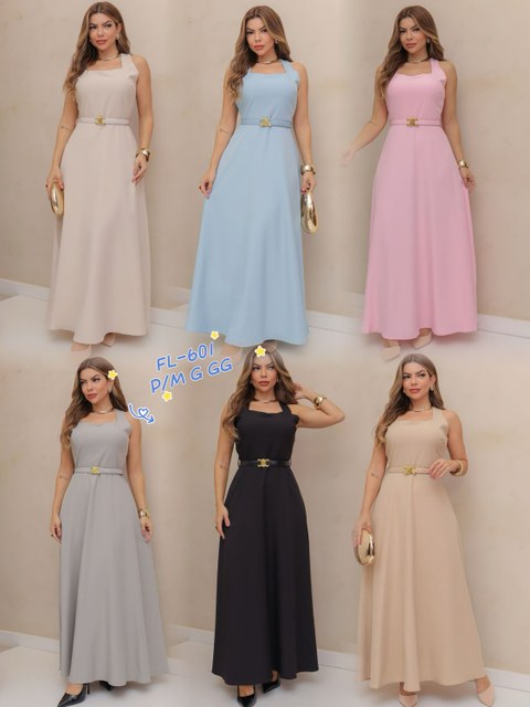 Vestido longo de alfaiataria com cinto importado 601