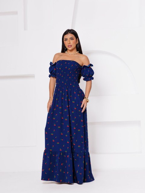 Vestido longo ciganinha estampa de cereja