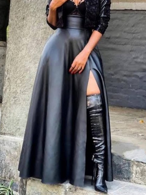 Saia Longa Couro fake com fenda