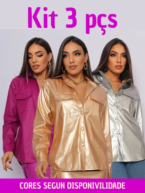Kit 3 camisas femininas em courino couro fake