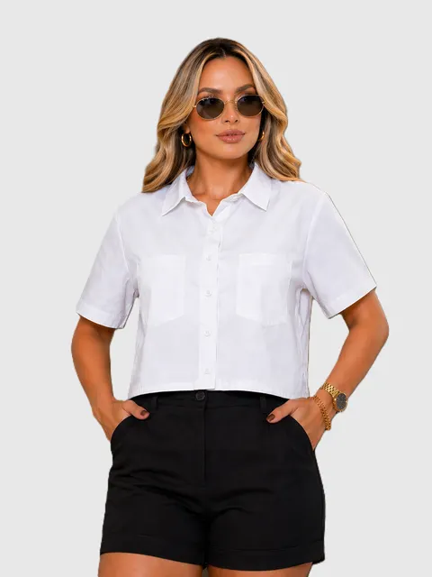 Camisa Cropped Feminina com Bolsos Seda Lisa REF.8188