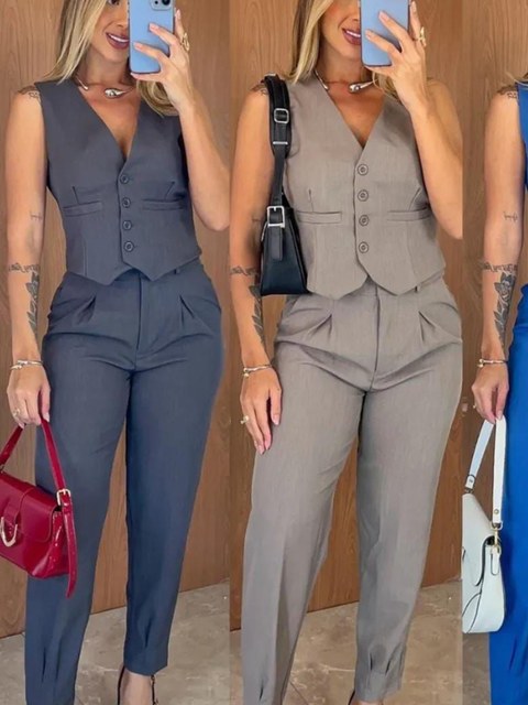 Conjunto calça e colete em twill